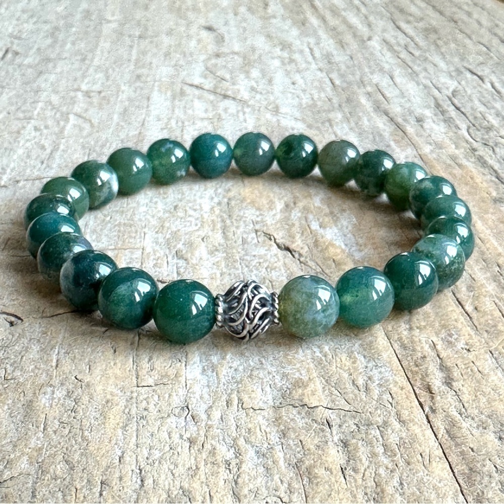 Forest Green Moss Agate Gemstone Bracelet Sterling Silver Accent Bead Unisex 8mm - Picture 2 of 4